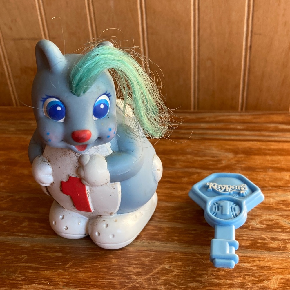 Vintage Keypers Blue Little League Kangaroo Baby Bank with blue hairbrush